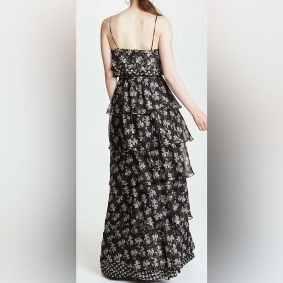 Jill Jill Stuart Sleeveless Spaghetti Strap Black Floral Kiera Ruffle Gown. 6. - Picture 5 of 11